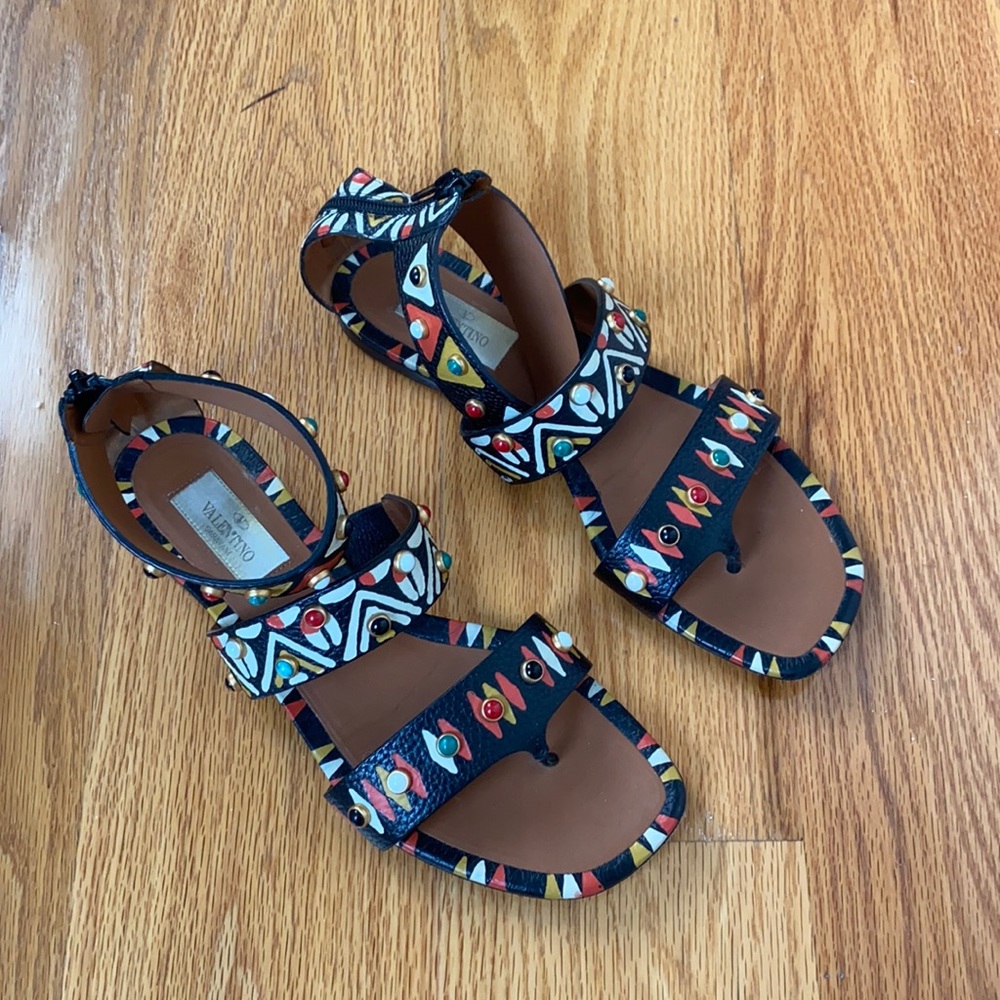 Valentino Black Leather Printed Sandals